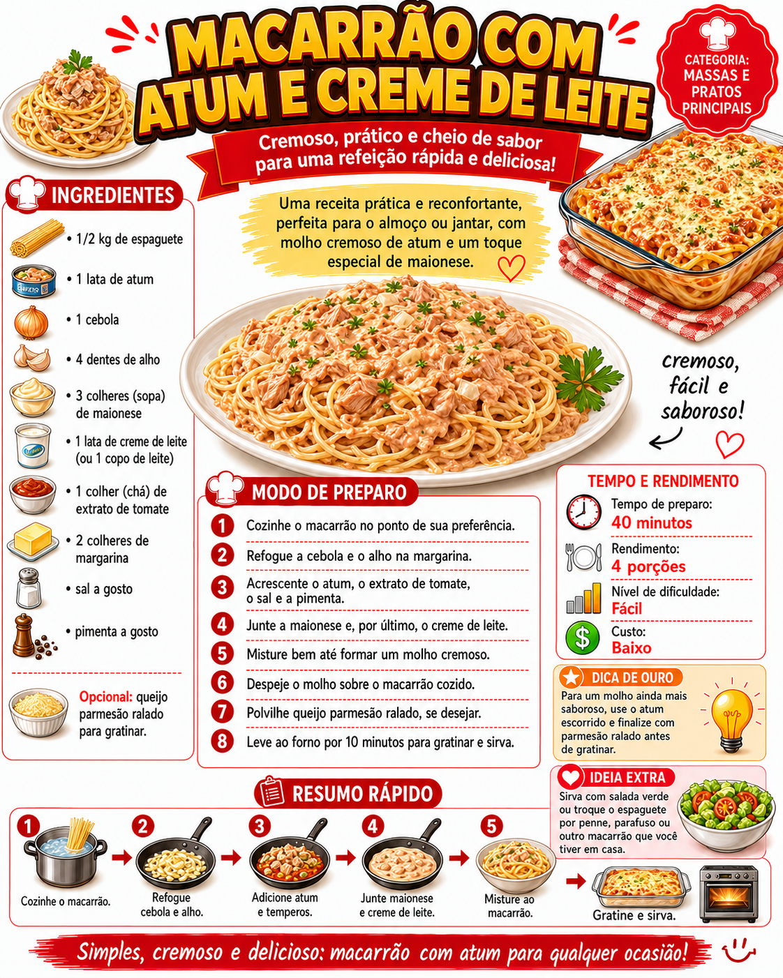 Macarrão com Atum e Creme de Leite