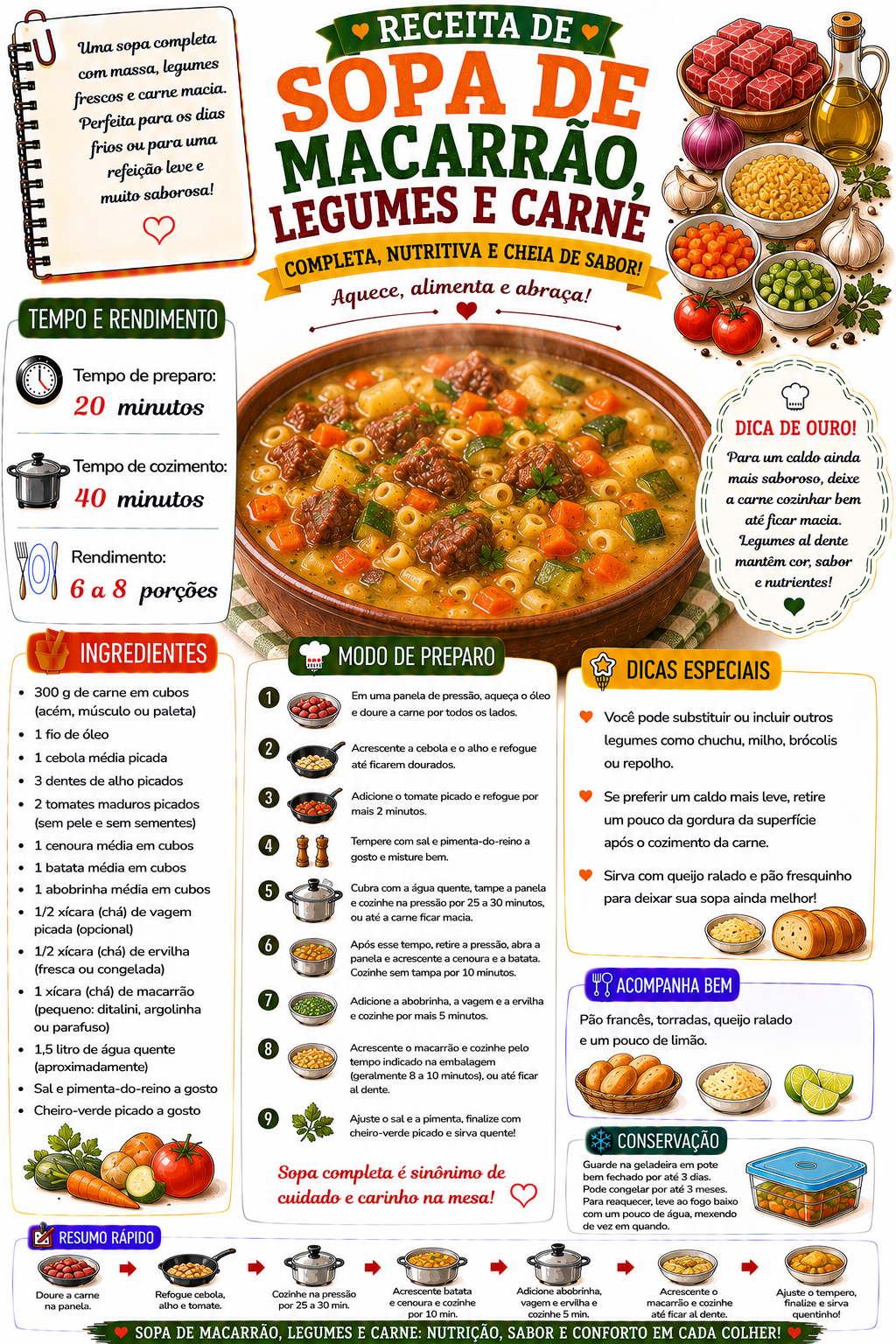 Sopa de Macarrão, Legumes e Carne