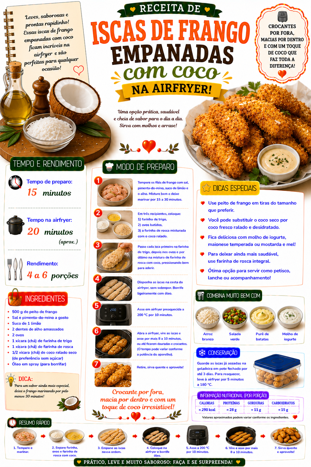 Iscas de Frango Empanadas com Coco