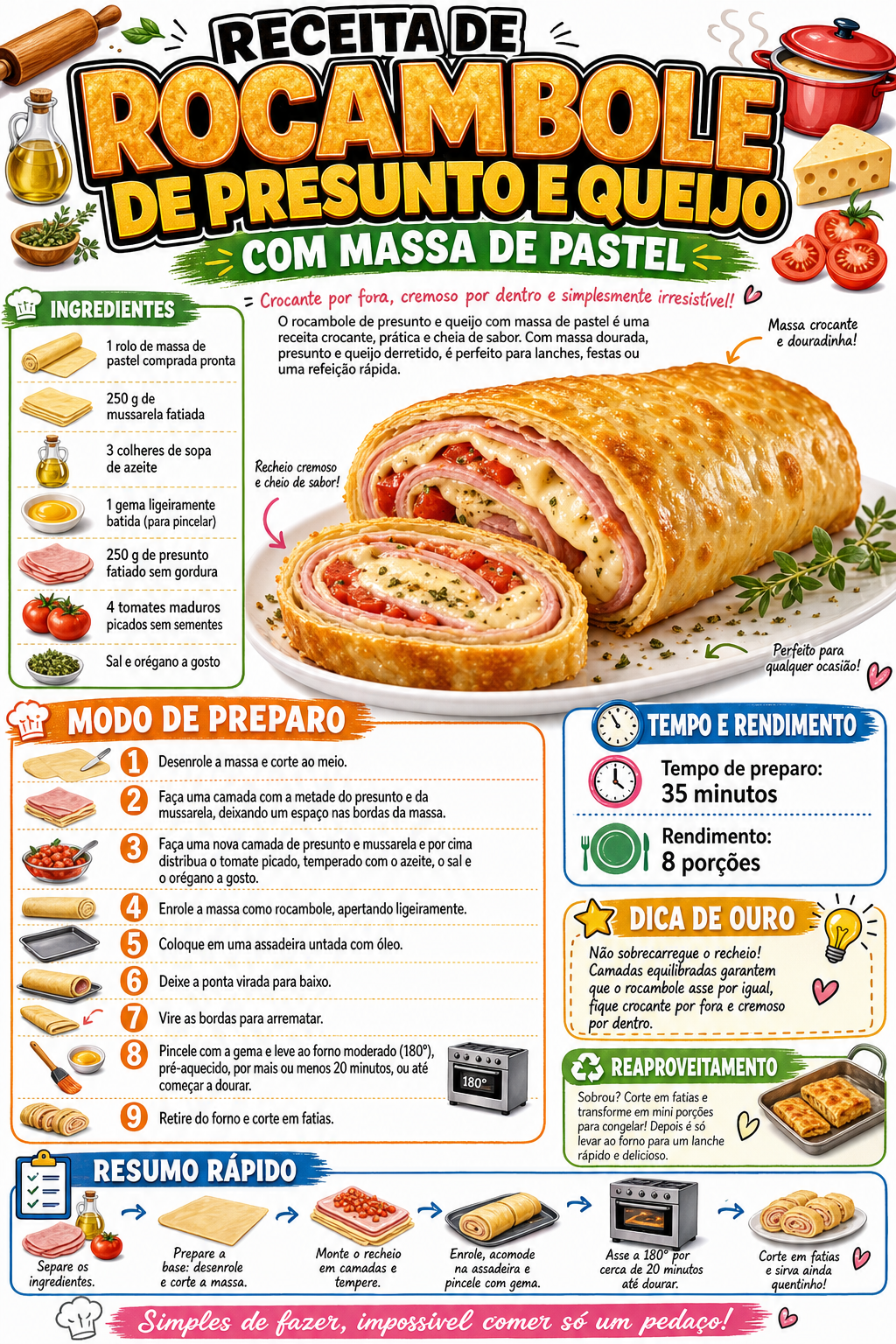 Rocambole de Presunto e Queijo com Massa de Pastel